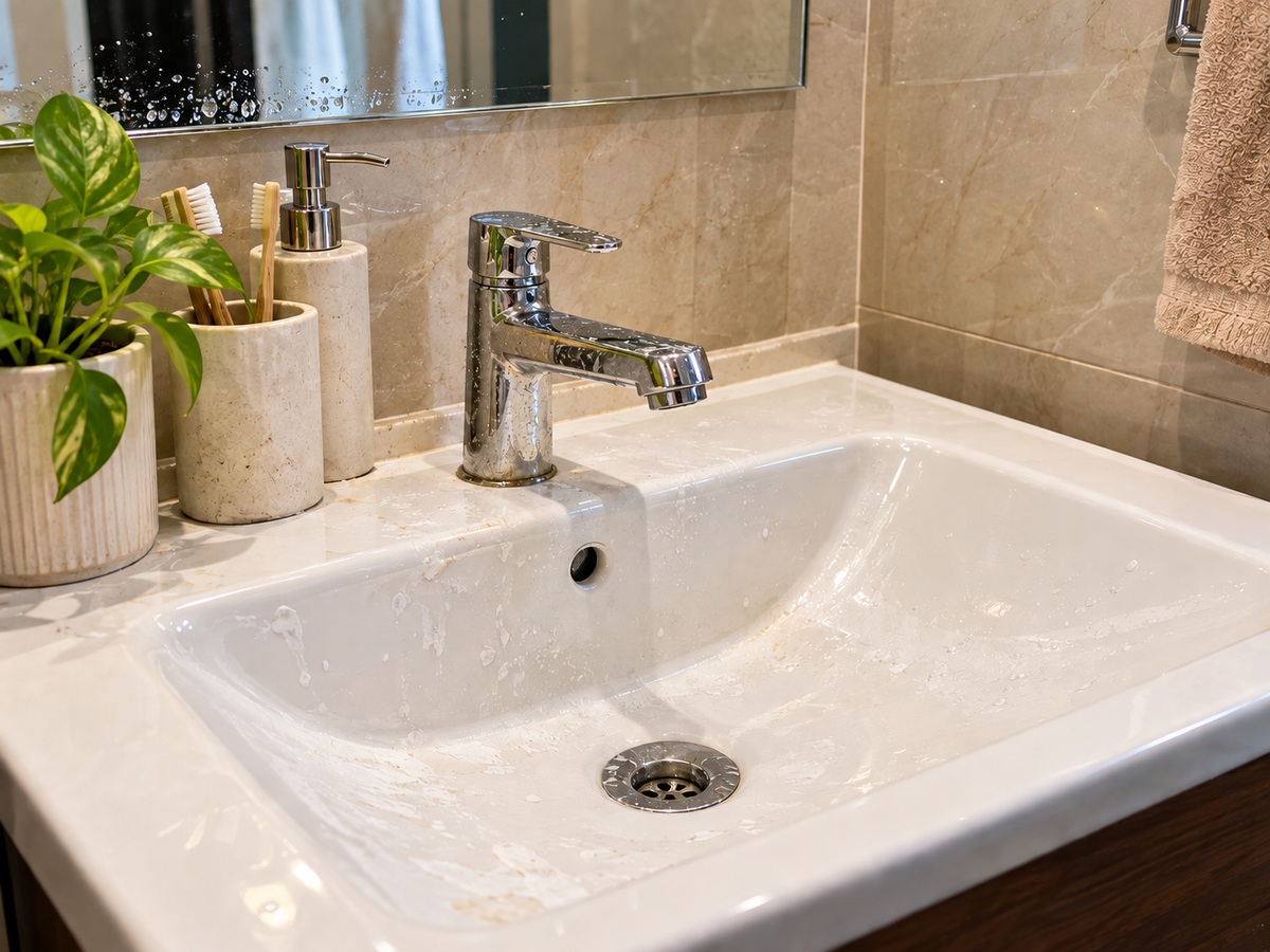 Bathroom sink and tiles with light water marks