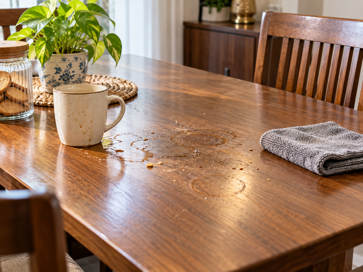 Wooden dining table with a faint cup ring